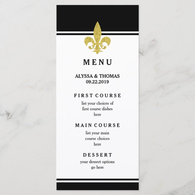 Élégant Menu Fleur de Lis Or Noir et Blanc (Devant)