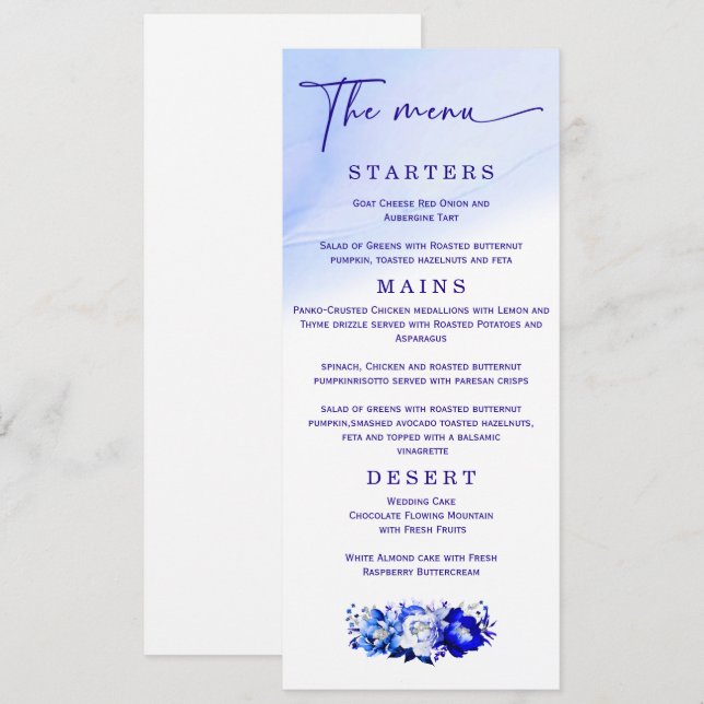 Elégant menu mariage bleu et argent (Devant / Derrière)