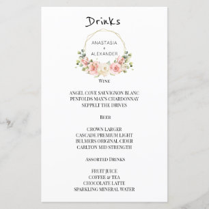 Élégant menu MARIAGE boissons.