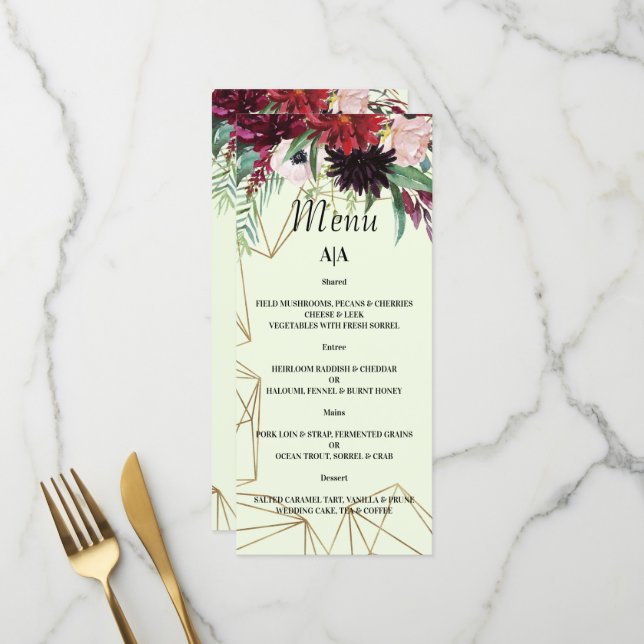 Élégant menu MARIAGE Burgundy Blush. Menu (Devant/Arrière en situation)