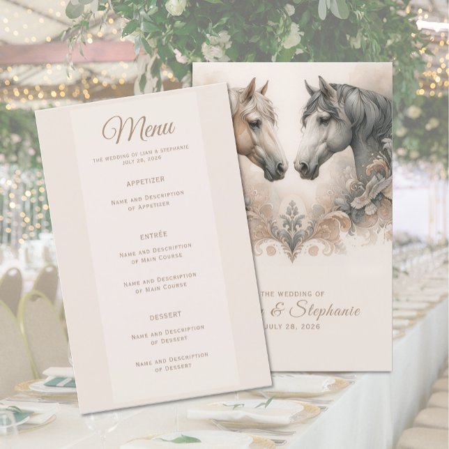 Élégant menu Mariage Cheval (Elegant Horse Wedding Menu (front and back))