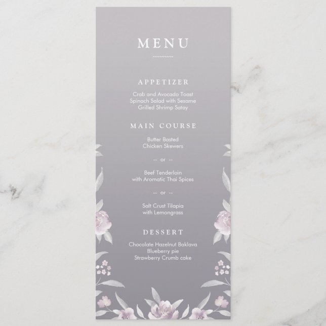 Élégant menu mariage Chinoiserie argent floral (Devant)