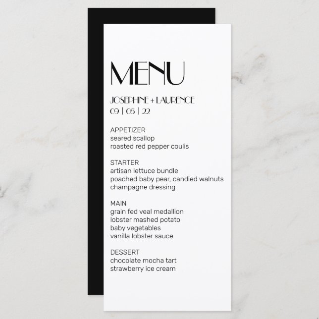 Élégant menu Mariage de Monogramme noir blanc (Devant / Derrière)