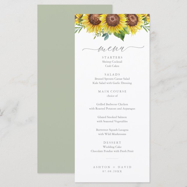 Elégant menu Mariage de tournesol d'aquarelle (Devant / Derrière)