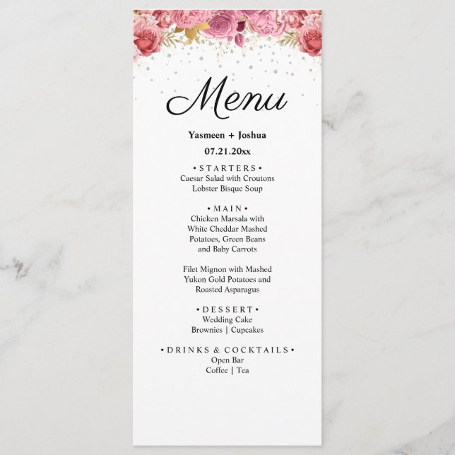 Elégant menu Mariage diamant et rose (Devant)