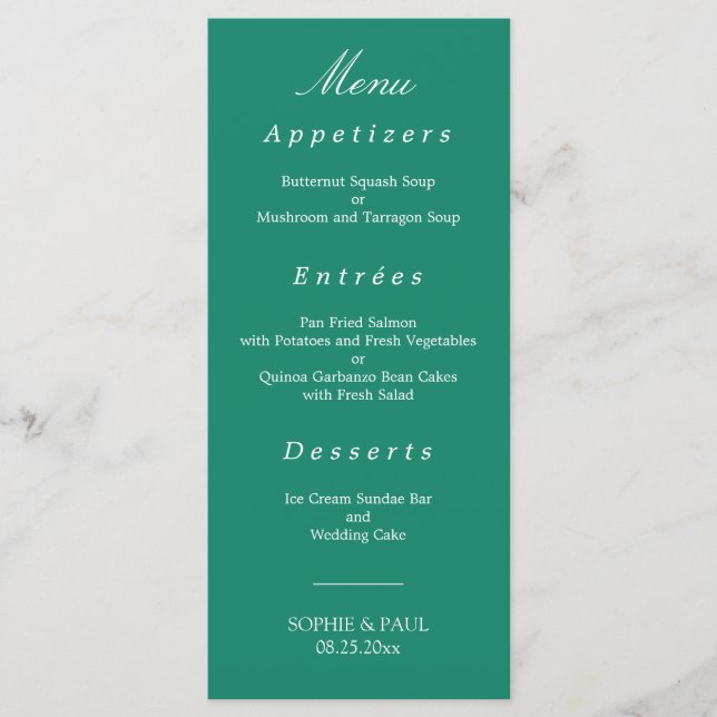 Élégant menu Mariage Emerald Green (Devant)