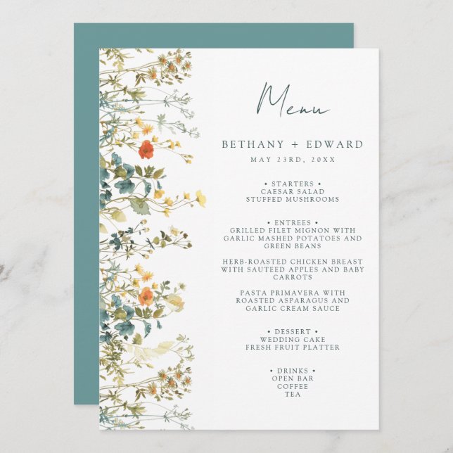 Élégant menu Mariage Fleur sauvage (Devant / Derrière)
