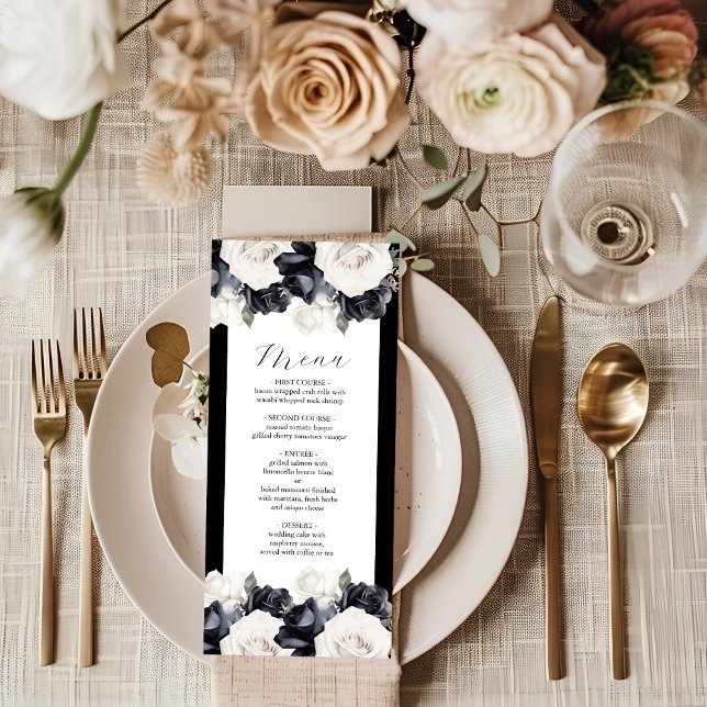 Elégant menu Mariage floral noir et blanc (Créateur téléchargé)