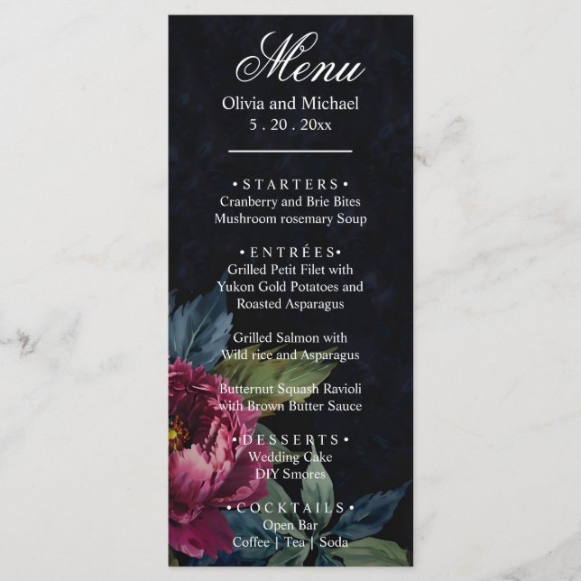 Élégant menu Mariage floral rose foncé (Devant)