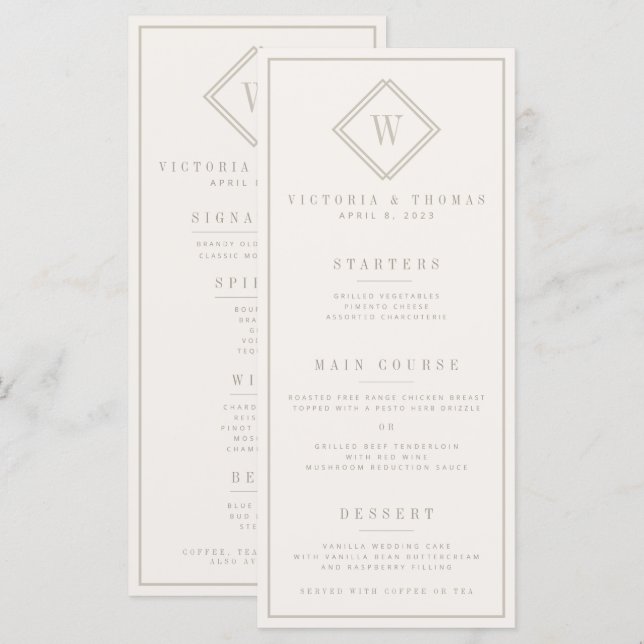 Élégant Menu Mariage minimaliste Beige Double Coté (Devant / Derrière)