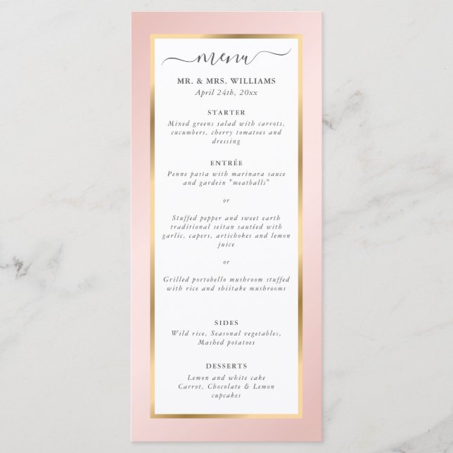 Élégant Menu Mariage moderne Blush Rose et Or (Devant)