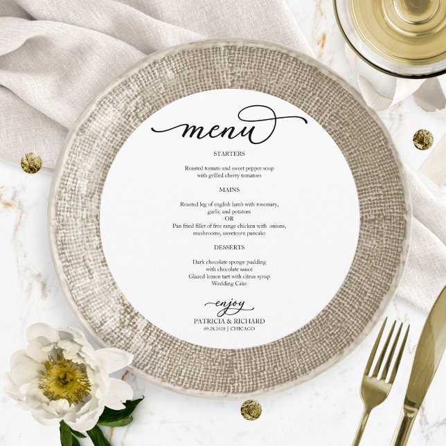 Élégant menu Mariage rond à script noir et blanc (Créateur téléchargé)