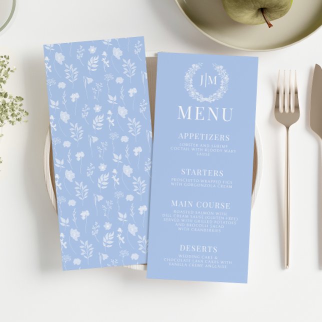 Elégant menu mariage rustique à fleurs bleues (Créateur téléchargé)