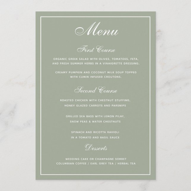 Élégant menu Mariage Sage White Script (Devant)
