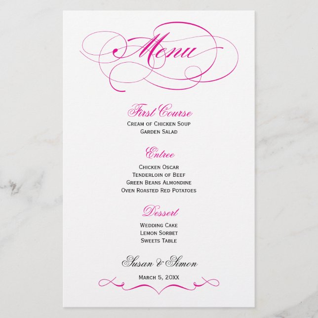 Élégant Menu Mariage Script - Rose clair (Devant)