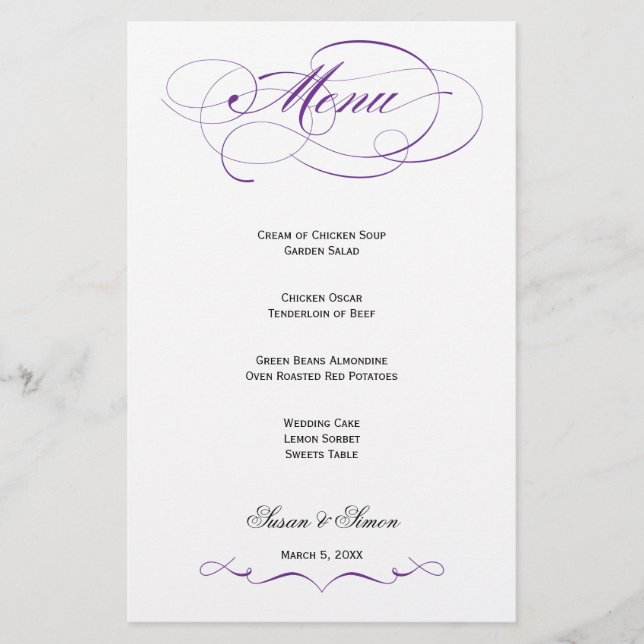 Élégant Menu Mariage Script - Royal Purple (Devant)