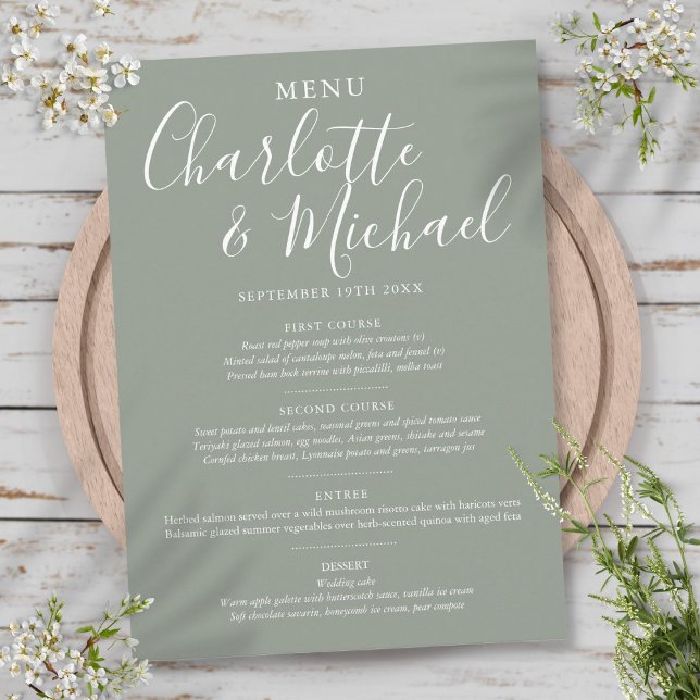 Élégant menu Mariage signature Sage Argent (Elegant Silver Sage Signature Wedding Menu)