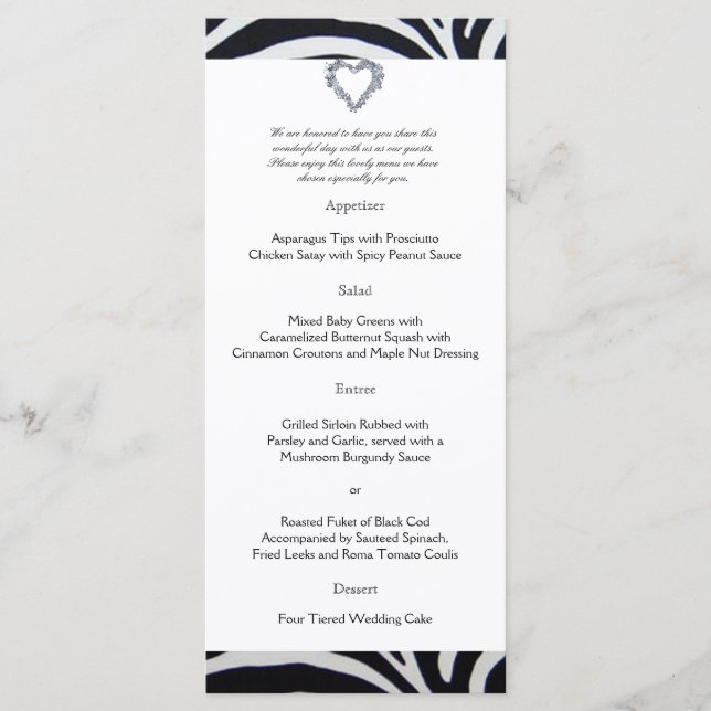 Élégant menu Mariage Zebra Stripe (Devant)