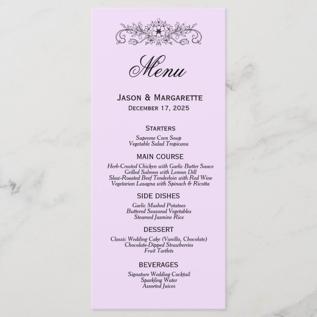 Elégant menu moderne Mariage noir et blanc (Devant)
