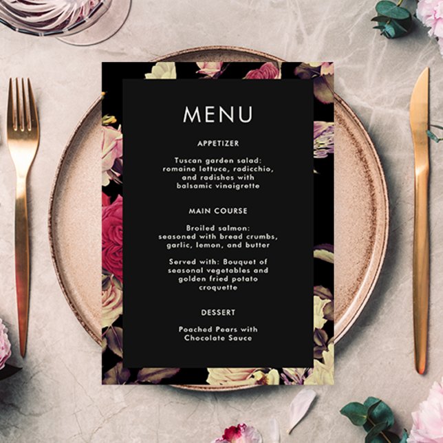 Élégant menu Moody Floral Mariage (Elegant and stylish botanical wedding menu includes a beautiful black floral back of the card.)
