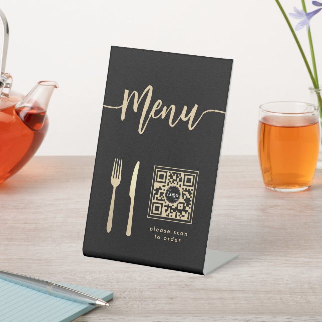 Elegant Menu Script Gold Knife & Fork QR Code  Pedestal Sign (In SItu)