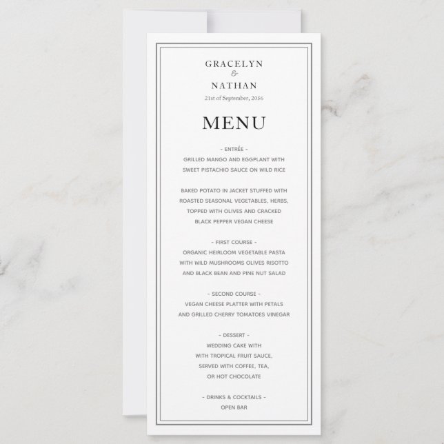 Elégant menu simple Mariage noir et blanc (Devant)