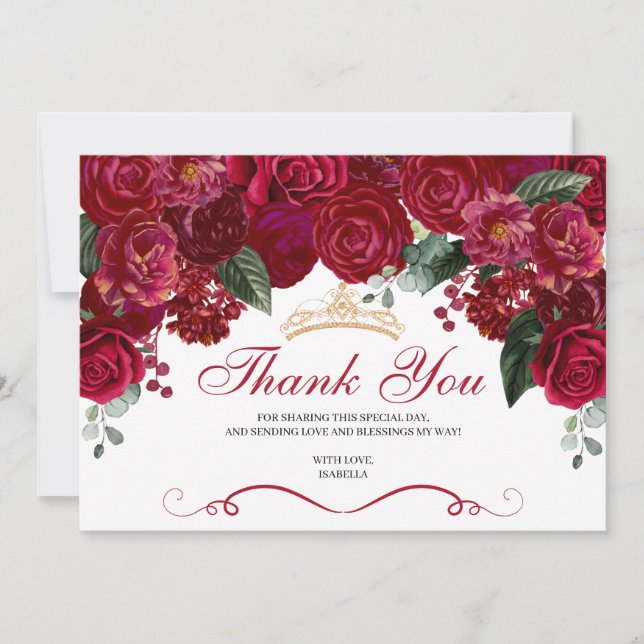 Élégant Merci de Quinceanera Floral Rouge (Devant)