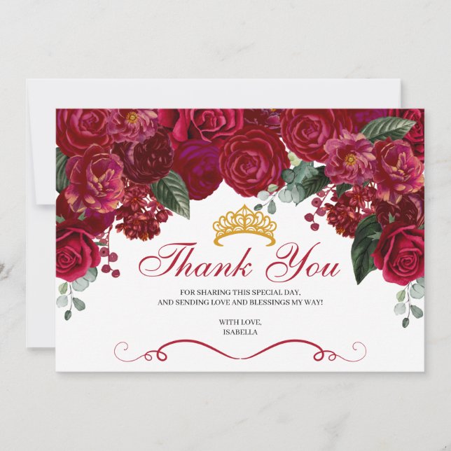 Élégant Merci de Quinceanera Floral Rouge (Devant)