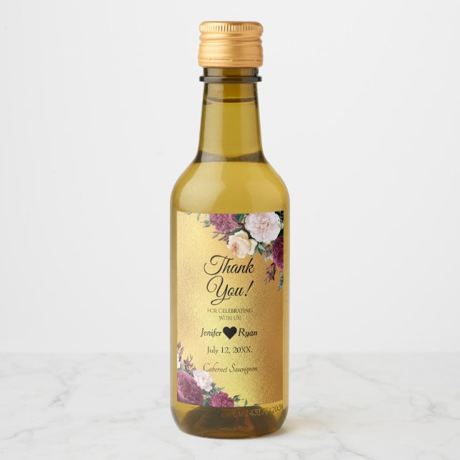 Élégant Merci floral Mini Étiquette bouteille à vi (Devant)
