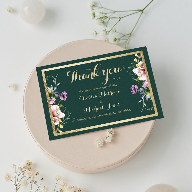 Élégant Merci vert de forêt or rose rose (Elegant forest green gold pink floral Thank You )