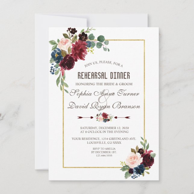 Elegant Merlot Navy Blue Floral Rehearsal Dinner Invitation (Front)