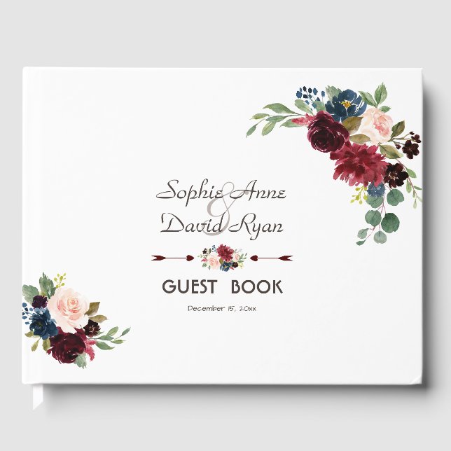 Elegant Merlot Navy Blue Floral Wedding Guest Book (Front)