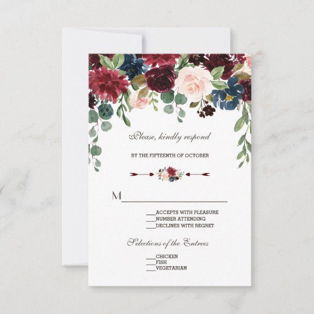 Elegant Merlot Navy Blue Floral Wedding RSVP (Front)
