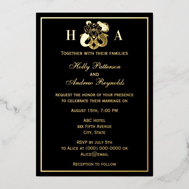 Elegant Mermaid & Merman Wedding Foil Invitation (Recto)