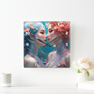 Elegant Mermaids Embracing Underwater Blossoms Square Wall Clock