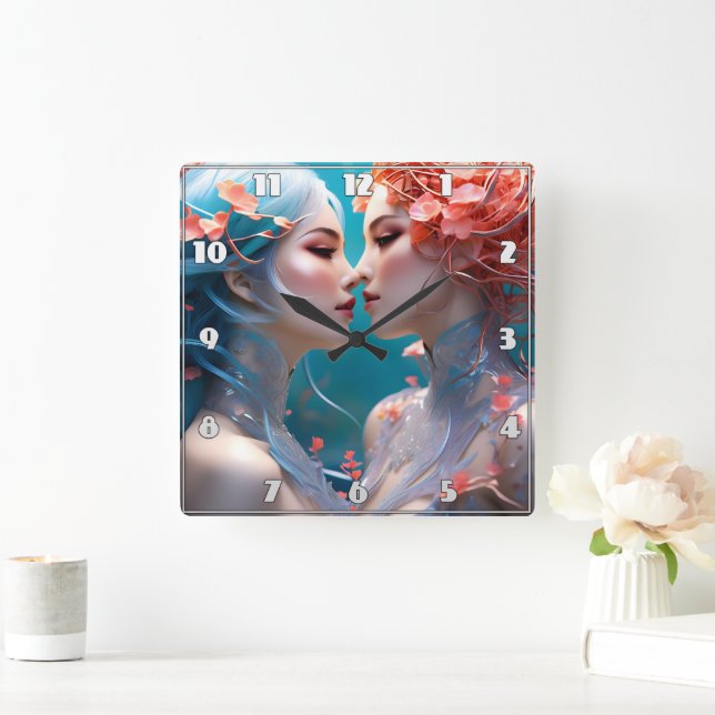 Elegant Mermaids Embracing Underwater Blossoms Square Wall Clock (Home)