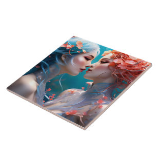 Elegant Mermaids Embracing Underwater Blossoms Tile