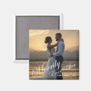 elegant merrily ever after, wedding photo holiday magnet