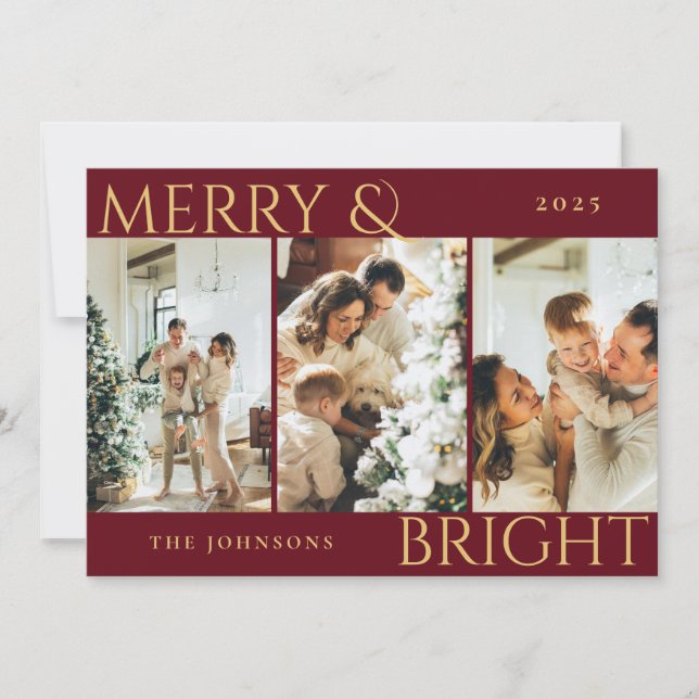 Elegant Merry and Bright 3 Photo Collage Christmas Holiday Card (Front)