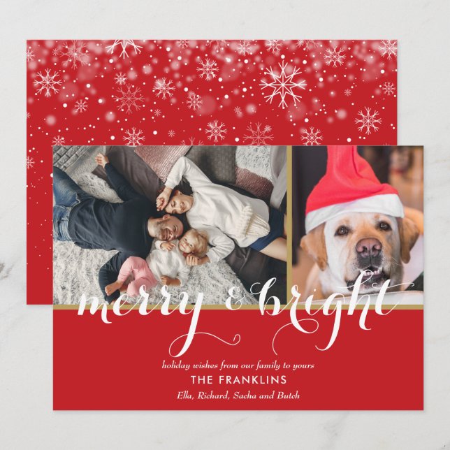 Elegant Merry and Bright Script 2 Photos Christmas Holiday Card (Front/Back)