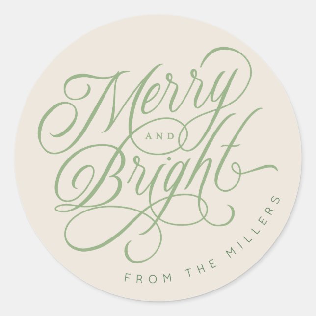 Elegant Merry and Bright script holiday custom Classic Round Sticker (Front)