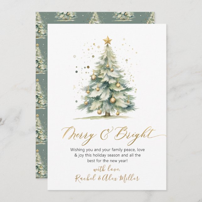 Elegant Merry and Bright Script Tree Non Photo Holiday Card (Front/Back)
