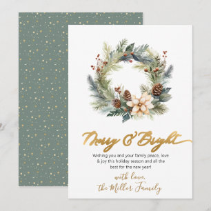 Elegant Merry and Bright Script Wreath Greenery Holiday Card