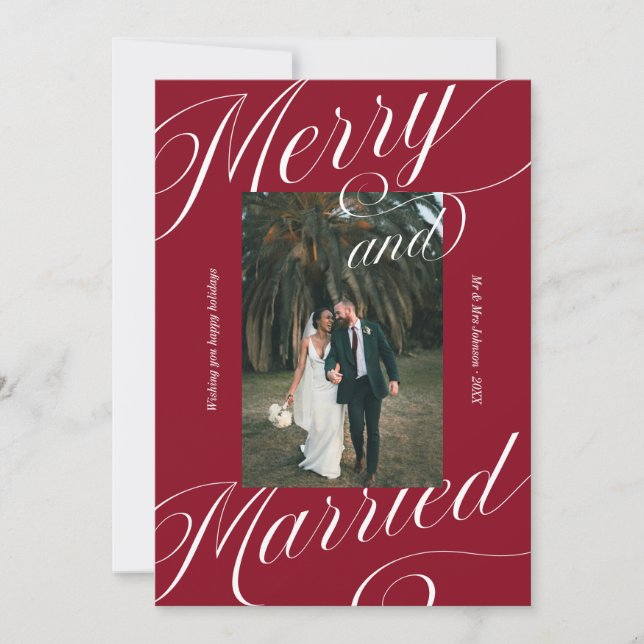 Elegant Merry and Married Script Calligraphy Holiday Card (Front)