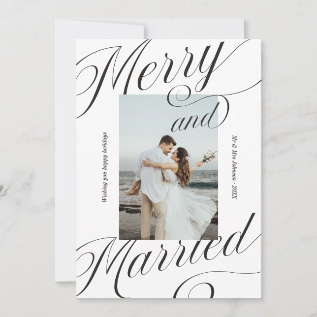 Elegant Merry and Married Script Calligraphy Holiday Card (Front)