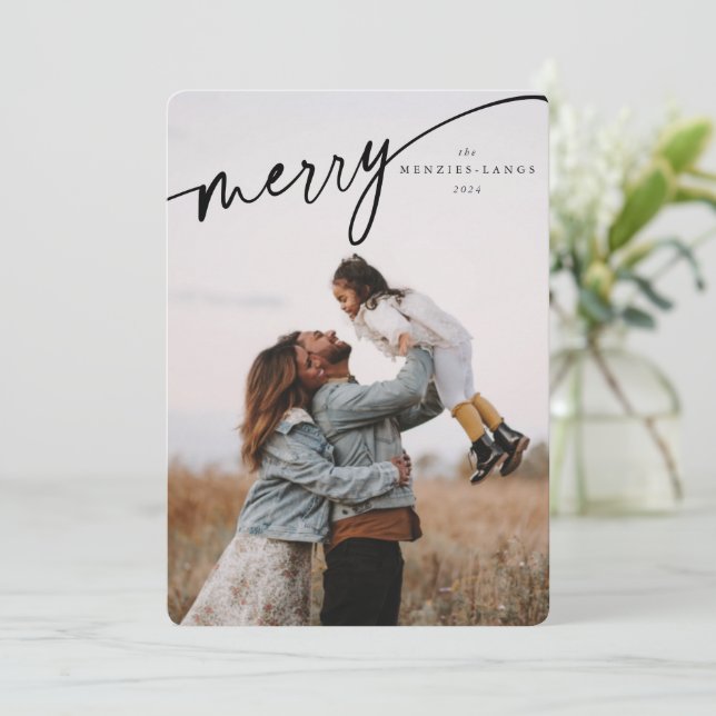 Elegant Merry Black Typographic Script Holiday Card (Standing Front)