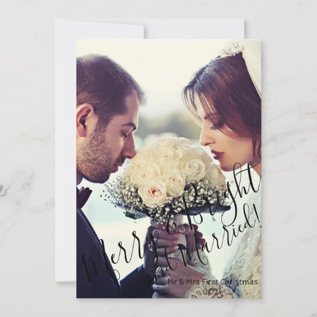 Elegant Merry & Bright and Married Christmas Photo Holiday Card (Front)