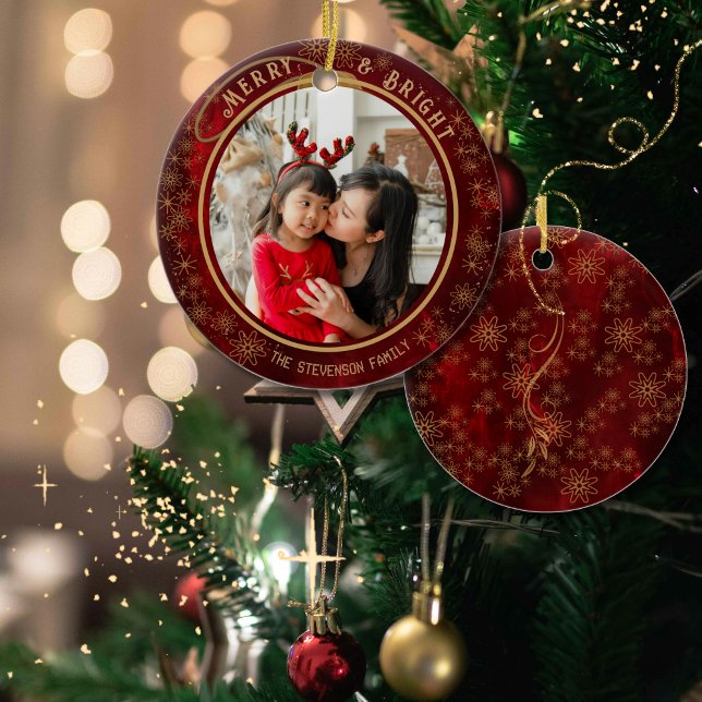 Elegant  Merry & Bright Photo Red Gold  Ceramic Ornament (Elegant Merry & Bright Photo Red Gold Ceramic Ornament)