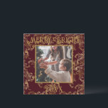 Elegant Merry & Bright Photo Red Gold Vintage Holiday Card<br><div class="desc">Elegant vintage red with gold brocade pattern Merry & Bright typography.  A beautiful brocade distressed design with your favourite photo in the centre.  Personalize with your message and name on the reverse side.  The perfect holiday greeting card.</div>