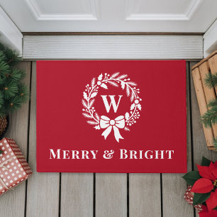 Elegant Merry Bright Red Monogram Christmas Doormat